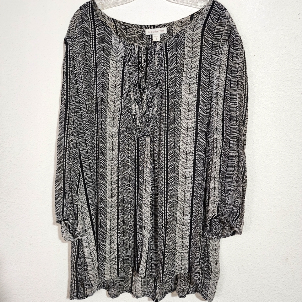 Coldwater Creek Black White Geometric Dot Stripe Lace Up Tunic Top 1X 18